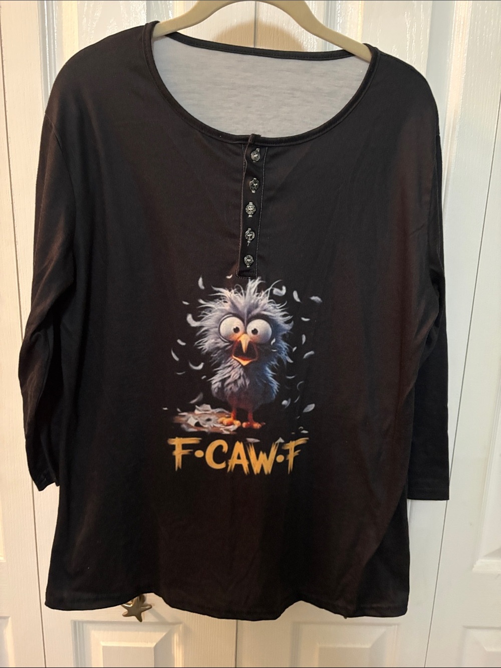Graphic Henley Long-Sleeve Top — Black with Chick Graphic